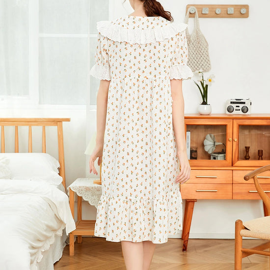 White Vintage Romantic Exquisite Ruffled Edges Embroidered Cute Floral Pattern Nightwear Nightdress