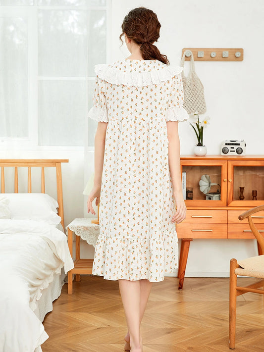 White Vintage Romantic Exquisite Ruffled Edges Embroidered Cute Floral Pattern Nightwear Nightdress