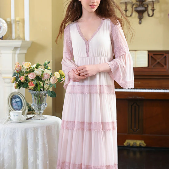 Slessic Vintage Palace Style V-neck Multi-layer Exquisite Lace Double-layer Romantic Transparent Mesh Long-sleeved Nightdress Sleepwear Nightwear
