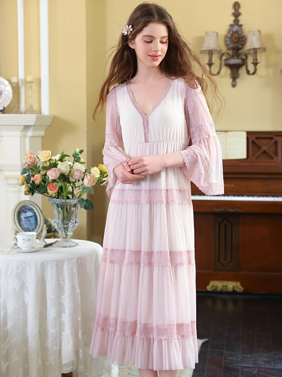Slessic Vintage Palace Style V-neck Multi-layer Exquisite Lace Double-layer Romantic Transparent Mesh Long-sleeved Nightdress Sleepwear Nightwear