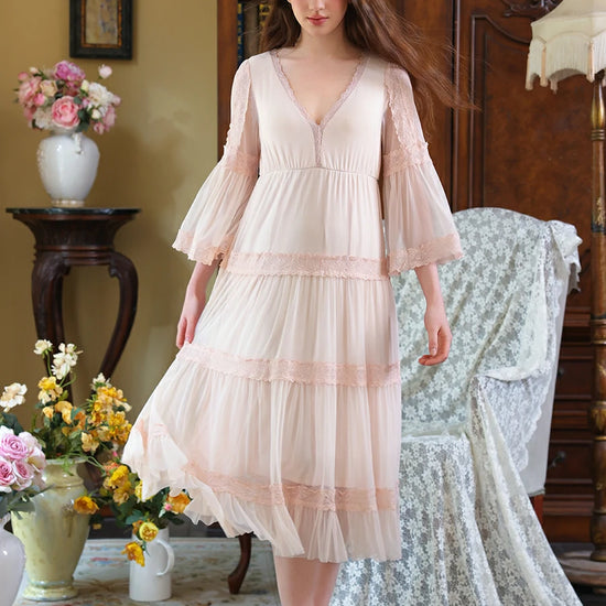 Slessic Vintage Palace Style V-neck Multi-layer Exquisite Lace Double-layer Romantic Transparent Mesh Long-sleeved Nightdress Sleepwear Nightwear