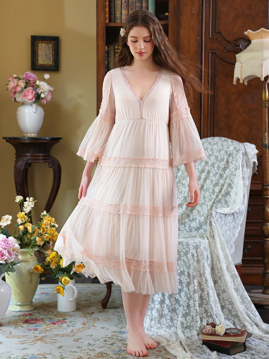 Slessic Vintage Palace Style V-neck Multi-layer Exquisite Lace Double-layer Romantic Transparent Mesh Long-sleeved Nightdress Sleepwear Nightwear