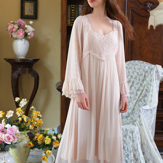 Slessic Vintage French Palace Style Exquisite Petal Lace Embroidered Bow Romantic Double-layer Mesh Long-sleeved Nightdress Nightwear Sleepwear