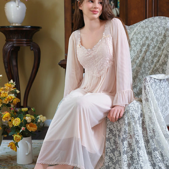 Slessic Vintage French Palace Style Exquisite Petal Lace Embroidered Bow Romantic Double-layer Mesh Long-sleeved Nightdress Nightwear Sleepwear