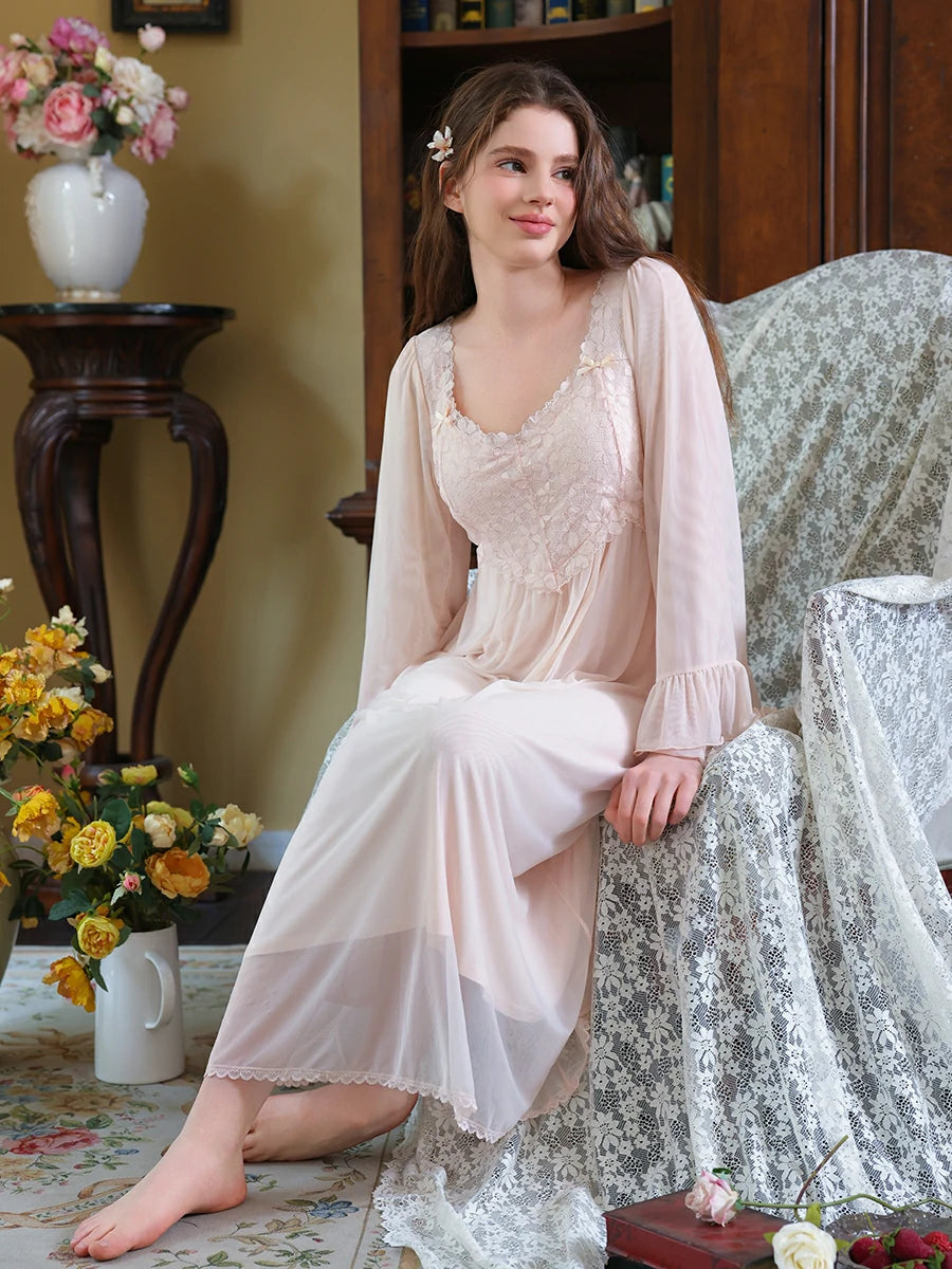 Slessic Vintage French Palace Style Exquisite Petal Lace Embroidered Bow Romantic Double-layer Mesh Long-sleeved Nightdress Nightwear Sleepwear