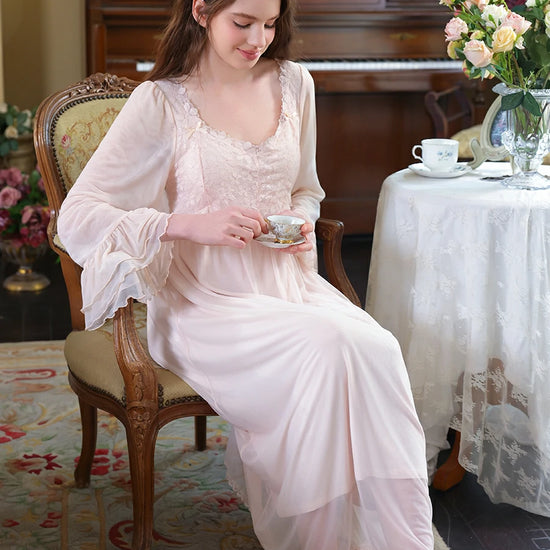 Slessic Vintage French Palace Style Exquisite Petal Lace Embroidered Bow Romantic Double-layer Mesh Long-sleeved Nightdress Nightwear Sleepwear