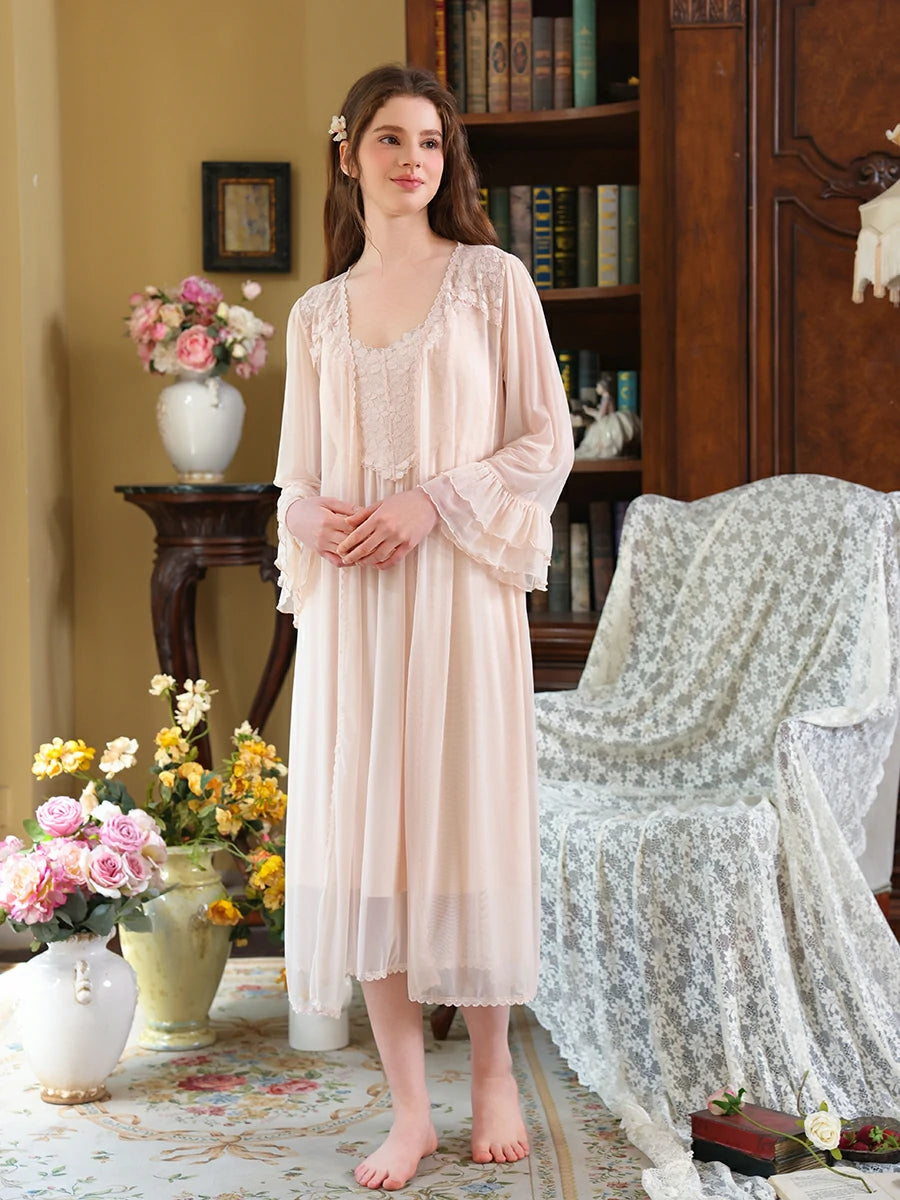 Slessic Vintage Noble Palace Style Exquisite Petal Embroidered Lace Double-layer Romantic Mesh Robe Slip Nightdress set Sleepwear Nightwear