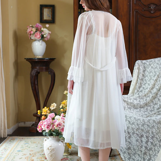 Slessic Vintage Noble Palace Style Exquisite Petal Embroidered Lace Double-layer Romantic Mesh Robe Slip Nightdress set Sleepwear Nightwear