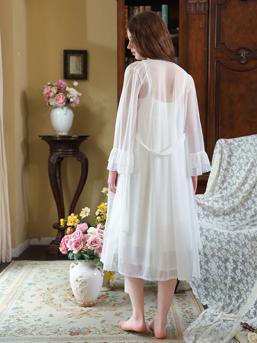 Slessic Vintage Noble Palace Style Exquisite Petal Embroidered Lace Double-layer Romantic Mesh Robe Slip Nightdress set Sleepwear Nightwear