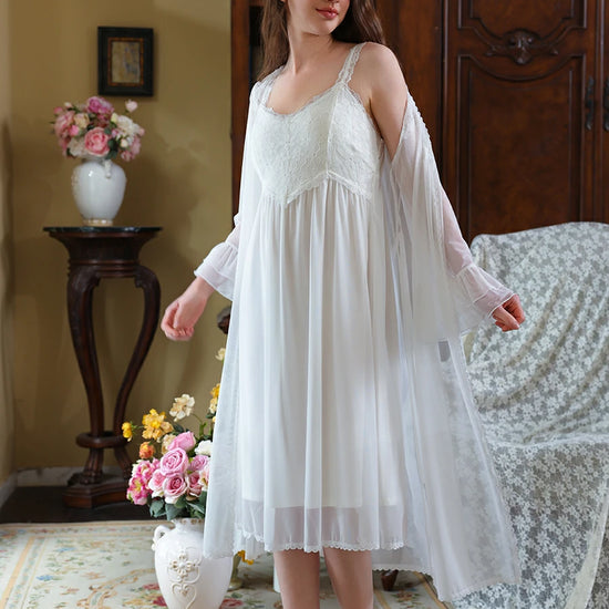Slessic Vintage Noble Palace Style Exquisite Petal Embroidered Lace Double-layer Romantic Mesh Robe Slip Nightdress set Sleepwear Nightwear