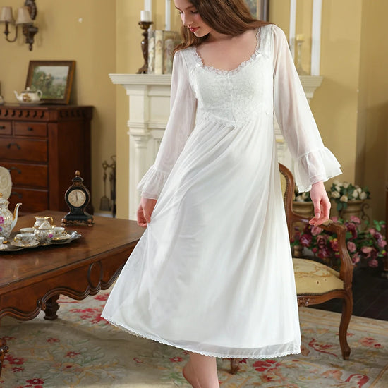 Slessic Vintage French Palace Style Exquisite Petal Lace Embroidered Bow Romantic Double-layer Mesh Long-sleeved Nightdress Nightwear Sleepwear