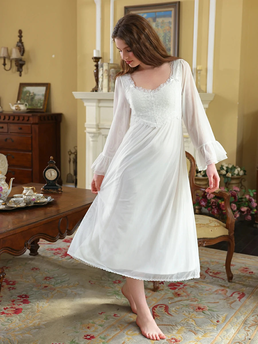 Slessic Vintage French Palace Style Exquisite Petal Lace Embroidered Bow Romantic Double-layer Mesh Long-sleeved Nightdress Nightwear Sleepwear