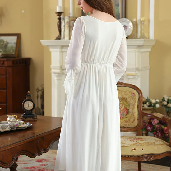 Slessic Vintage French Palace Style Exquisite Petal Lace Embroidered Bow Romantic Double-layer Mesh Long-sleeved Nightdress Nightwear Sleepwear