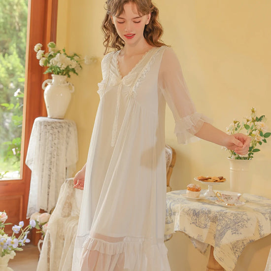 Slessic Vintage Romantic French Court Style Exquisite Ruffled Edge Lace Mesh Big Bow Double-Layer Nightdress Nightwear Sleepwear