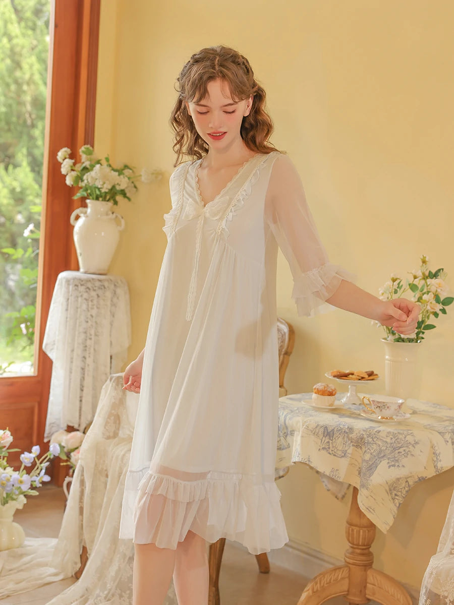 Slessic Vintage Romantic French Court Style Exquisite Ruffled Edge Lace Mesh Big Bow Double-Layer Nightdress Nightwear Sleepwear