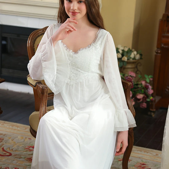 Slessic Vintage French Palace Style Exquisite Petal Lace Embroidered Bow Romantic Double-layer Mesh Long-sleeved Nightdress Nightwear Sleepwear