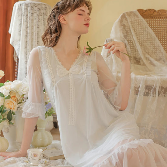 Slessic Vintage Romantic French Court Style Exquisite Ruffled Edge Lace Mesh Big Bow Double-Layer Nightdress Nightwear Sleepwear