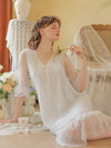 Soft romantic sleep dress with ruffle neckline and sheer sleeves