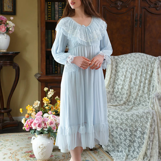 Slessic Vintage Romantic Palace Style V-neck Large Exquisite Lace Embroidery Double-layer Mesh Elegant Nightdress Nightwear Sleepwear