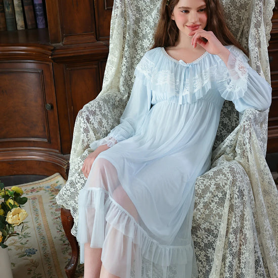 Slessic Vintage Romantic Palace Style V-neck Large Exquisite Lace Embroidery Double-layer Mesh Elegant Nightdress Nightwear Sleepwear