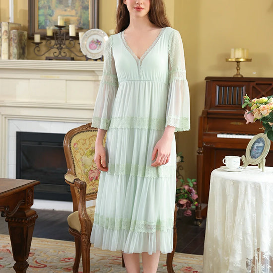 Slessic Vintage Palace Style V-neck Multi-layer Exquisite Lace Double-layer Romantic Transparent Mesh Long-sleeved Nightdress Sleepwear Nightwear