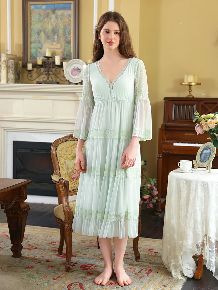 Slessic Vintage Palace Style V-neck Multi-layer Exquisite Lace Double-layer Romantic Transparent Mesh Long-sleeved Nightdress Sleepwear Nightwear