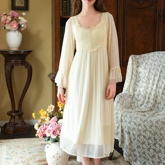 Slessic Vintage French Palace Style Exquisite Petal Lace Embroidered Bow Romantic Double-layer Mesh Long-sleeved Nightdress Nightwear Sleepwear
