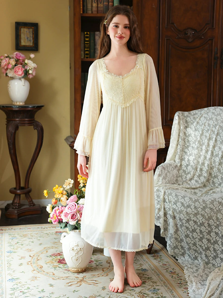 Slessic Vintage French Palace Style Exquisite Petal Lace Embroidered Bow Romantic Double-layer Mesh Long-sleeved Nightdress Nightwear Sleepwear