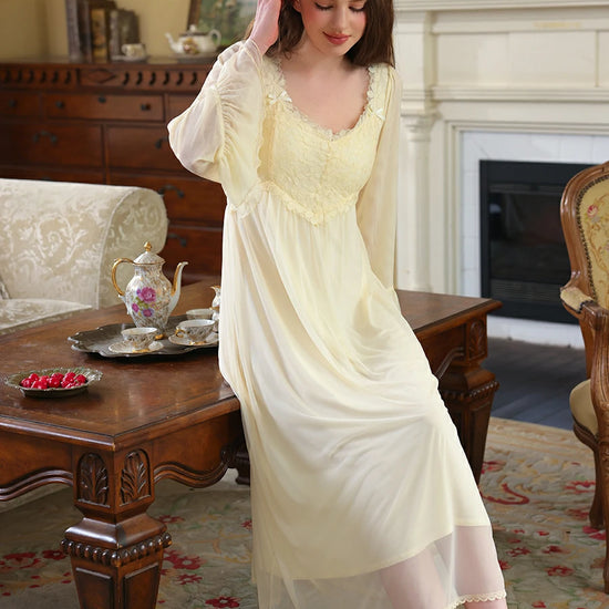 Slessic Vintage French Palace Style Exquisite Petal Lace Embroidered Bow Romantic Double-layer Mesh Long-sleeved Nightdress Nightwear Sleepwear