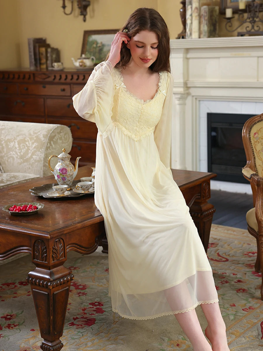 Slessic Vintage French Palace Style Exquisite Petal Lace Embroidered Bow Romantic Double-layer Mesh Long-sleeved Nightdress Nightwear Sleepwear