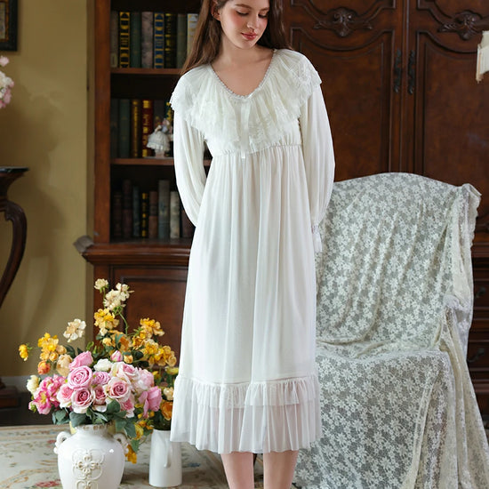 Slessic Vintage Romantic Palace Style V-neck Large Exquisite Lace Embroidery Double-layer Mesh Elegant Nightdress Nightwear Sleepwear