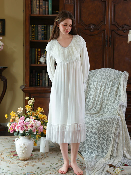Slessic Vintage Romantic Palace Style V-neck Large Exquisite Lace Embroidery Double-layer Mesh Elegant Nightdress Nightwear Sleepwear