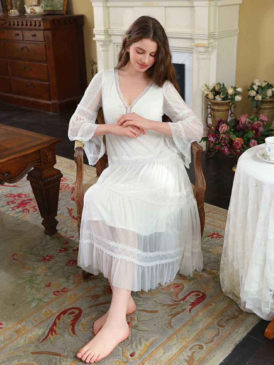 Slessic Vintage Palace Style V-neck Multi-layer Exquisite Lace Double-layer Romantic Transparent Mesh Long-sleeved Nightdress Sleepwear Nightwear