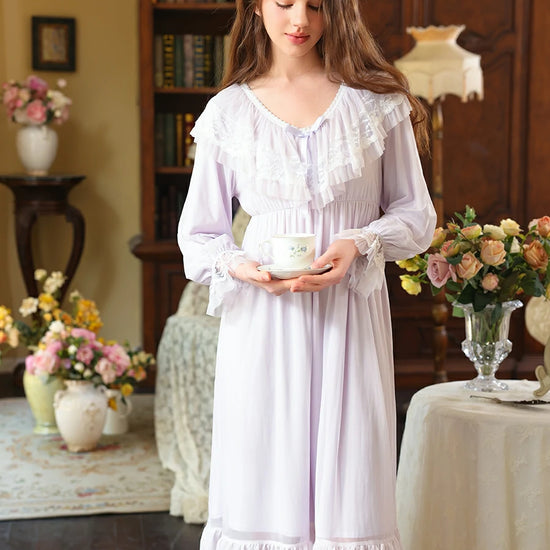 Slessic Vintage Romantic Palace Style V-neck Large Exquisite Lace Embroidery Double-layer Mesh Elegant Nightdress Nightwear Sleepwear