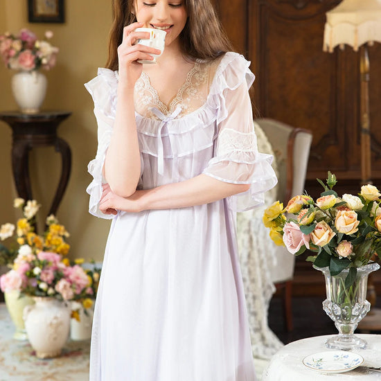 Slessic Elegant Vintage Palace Style Romantic Transparent Mesh Exquisite Hollow Embroidered Lace Cute Bow Ribbon Double-Layer Nightdress Nightwear Sleepwear