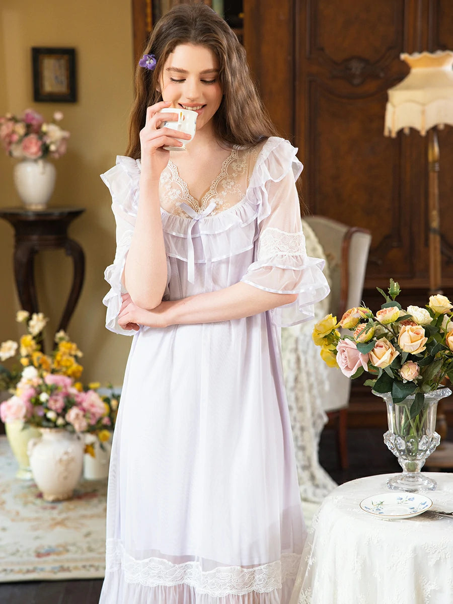 Slessic Elegant Vintage Palace Style Romantic Transparent Mesh Exquisite Hollow Embroidered Lace Cute Bow Ribbon Double-Layer Nightdress Nightwear Sleepwear