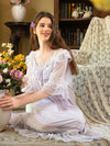 SlesSic long sheer lounge dress with delicate lace hem and soft draping-close up