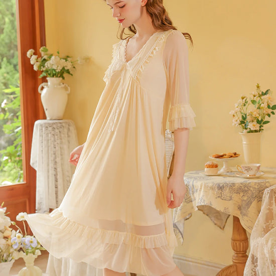 Slessic Vintage Romantic French Court Style Exquisite Ruffled Edge Lace Mesh Big Bow Double-Layer Nightdress Nightwear Sleepwear