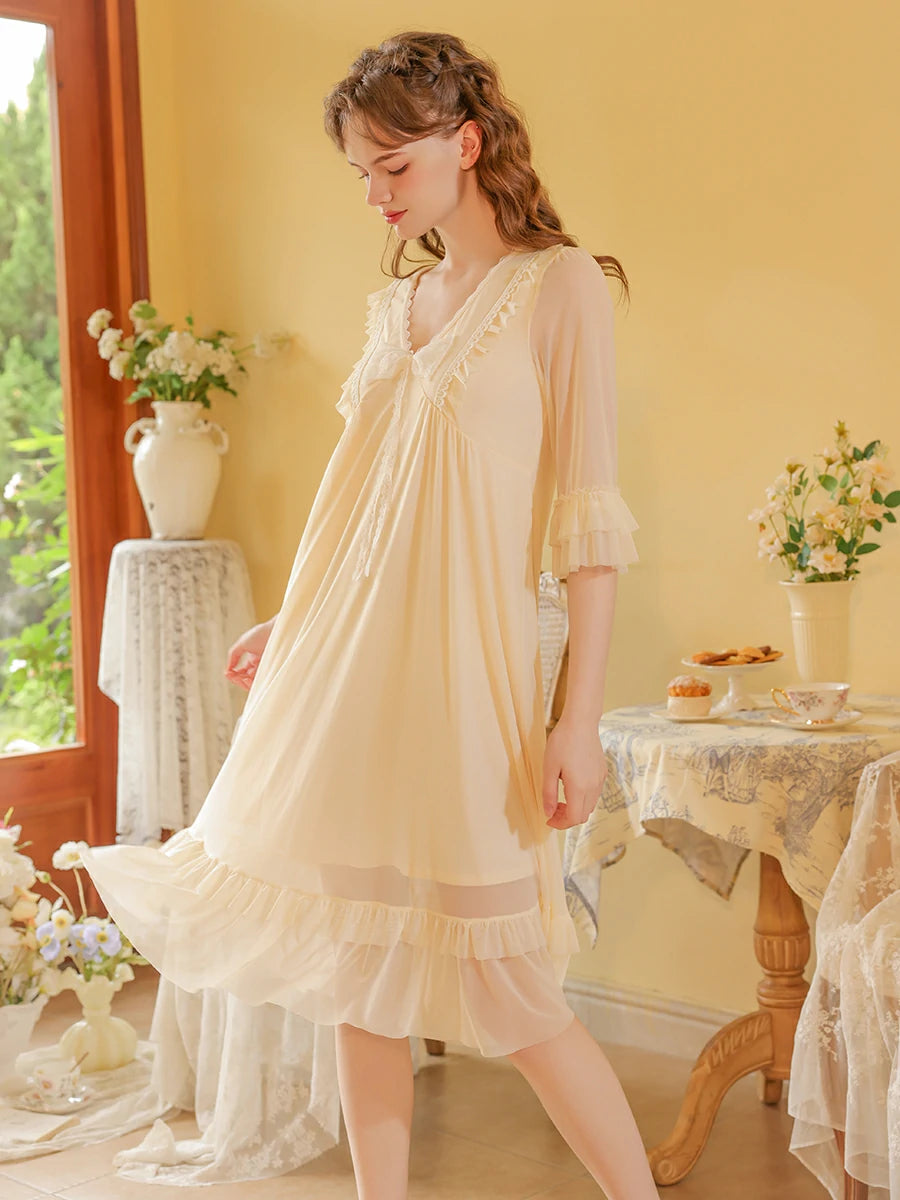 Slessic Vintage Romantic French Court Style Exquisite Ruffled Edge Lace Mesh Big Bow Double-Layer Nightdress Nightwear Sleepwear