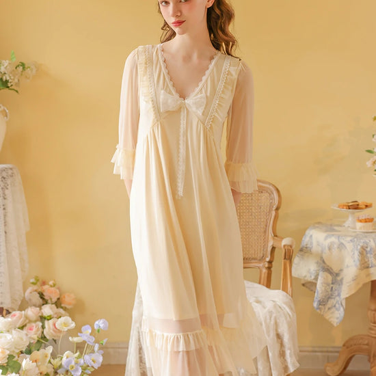 Slessic Vintage Romantic French Court Style Exquisite Ruffled Edge Lace Mesh Big Bow Double-Layer Nightdress Nightwear Sleepwear