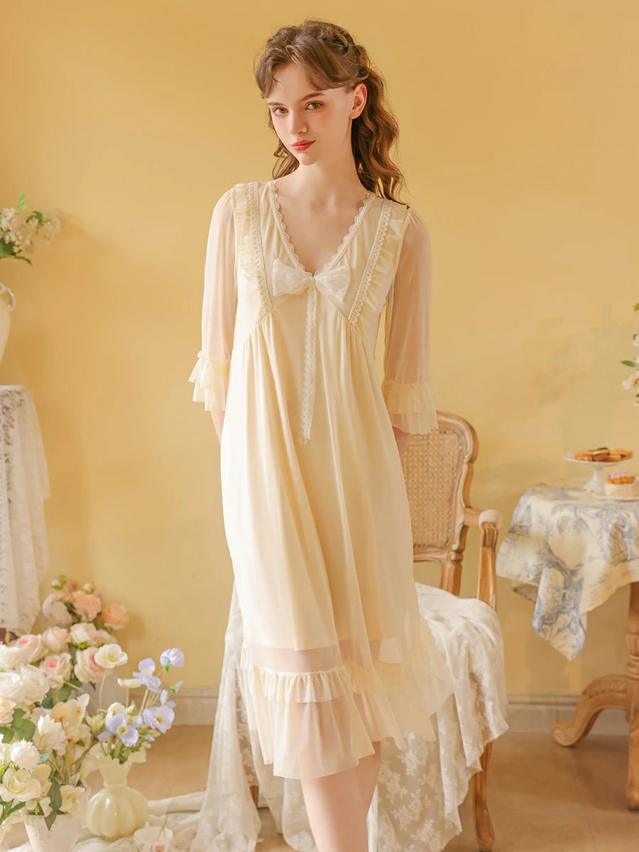 Slessic Vintage Romantic French Court Style Exquisite Ruffled Edge Lace Mesh Big Bow Double-Layer Nightdress Nightwear Sleepwear