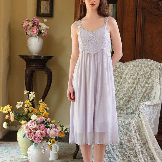Slessic Vintage Noble Palace Style Exquisite Petal Embroidered Lace Double-layer Romantic Mesh Robe Slip Nightdress set Sleepwear Nightwear