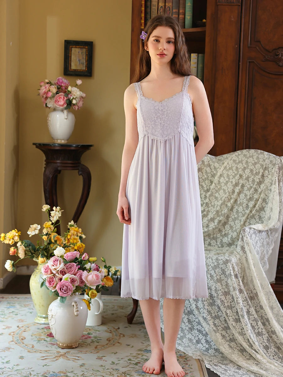 Slessic Vintage Noble Palace Style Exquisite Petal Embroidered Lace Double-layer Romantic Mesh Robe Slip Nightdress set Sleepwear Nightwear