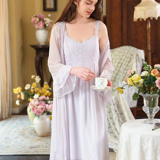Slessic Vintage Noble Palace Style Exquisite Petal Embroidered Lace Double-layer Romantic Mesh Robe Slip Nightdress set Sleepwear Nightwear