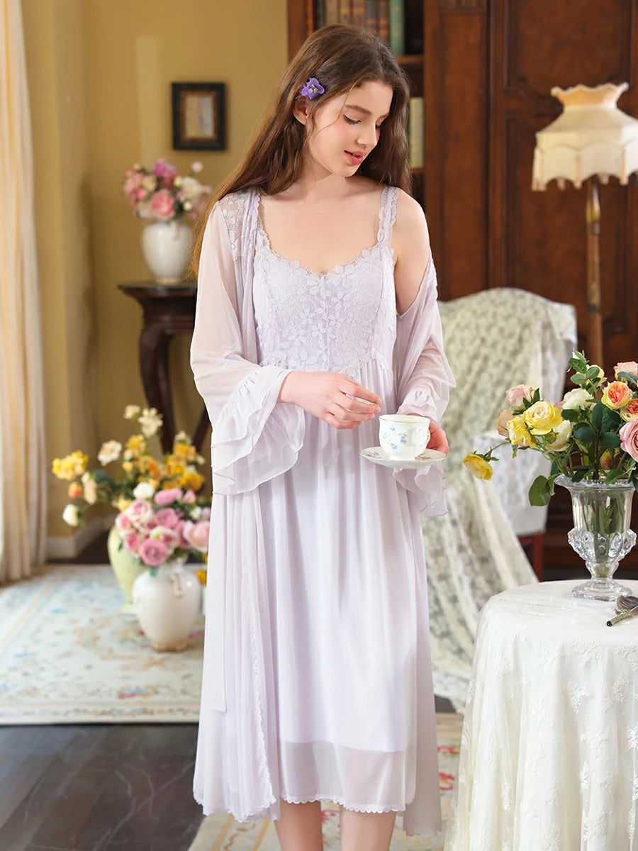 Slessic Vintage Noble Palace Style Exquisite Petal Embroidered Lace Double-layer Romantic Mesh Robe Slip Nightdress set Sleepwear Nightwear