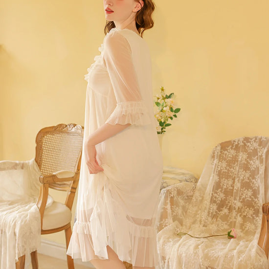 Slessic Vintage Romantic French Court Style Exquisite Ruffled Edge Lace Mesh Big Bow Double-Layer Nightdress Nightwear Sleepwear