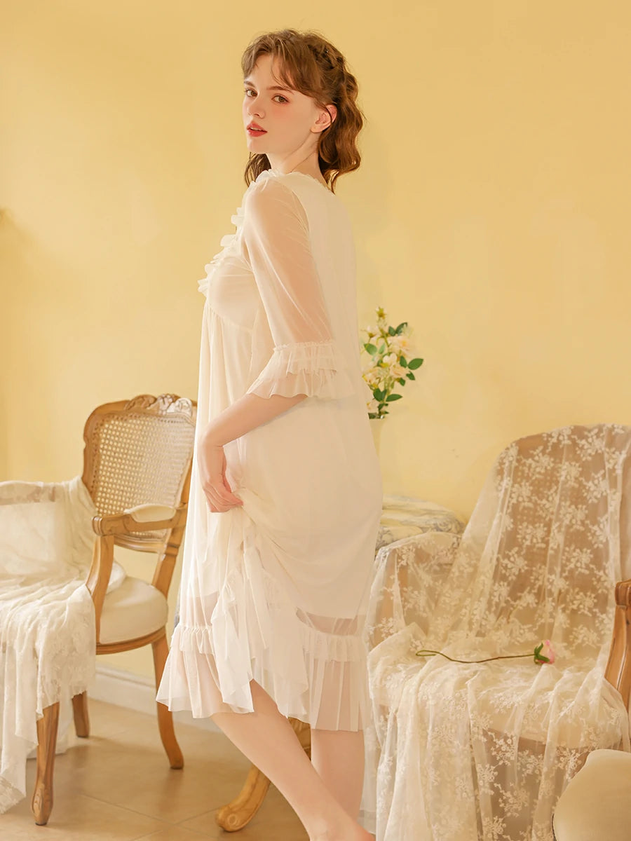 Slessic Vintage Romantic French Court Style Exquisite Ruffled Edge Lace Mesh Big Bow Double-Layer Nightdress Nightwear Sleepwear