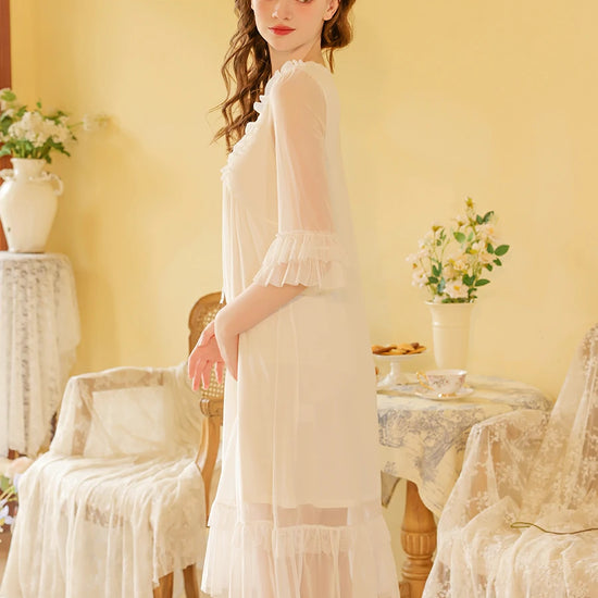 Slessic Vintage Romantic French Court Style Exquisite Ruffled Edge Lace Mesh Big Bow Double-Layer Nightdress Nightwear Sleepwear