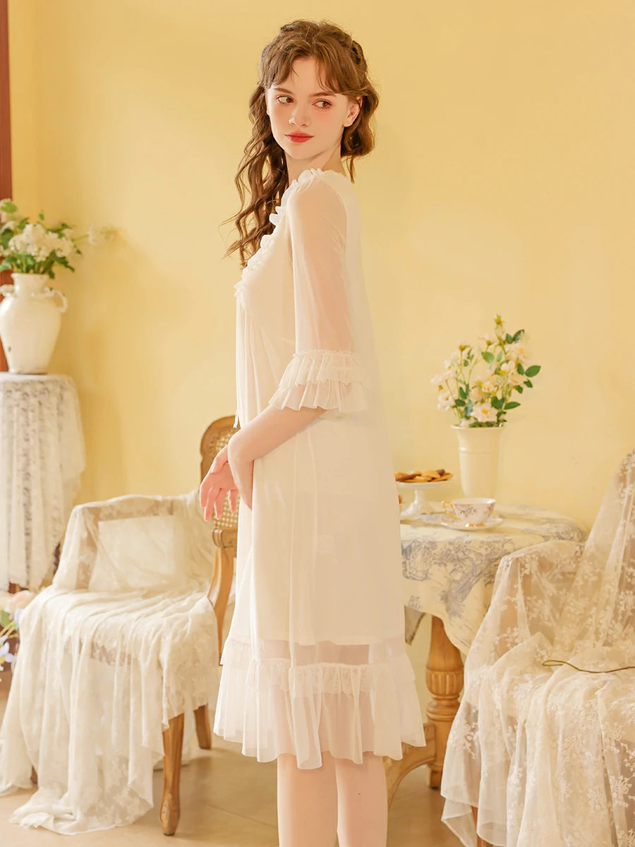 Slessic Vintage Romantic French Court Style Exquisite Ruffled Edge Lace Mesh Big Bow Double-Layer Nightdress Nightwear Sleepwear