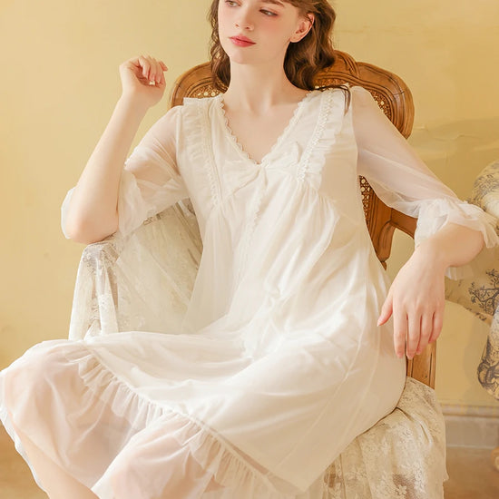 Slessic Vintage Romantic French Court Style Exquisite Ruffled Edge Lace Mesh Big Bow Double-Layer Nightdress Nightwear Sleepwear